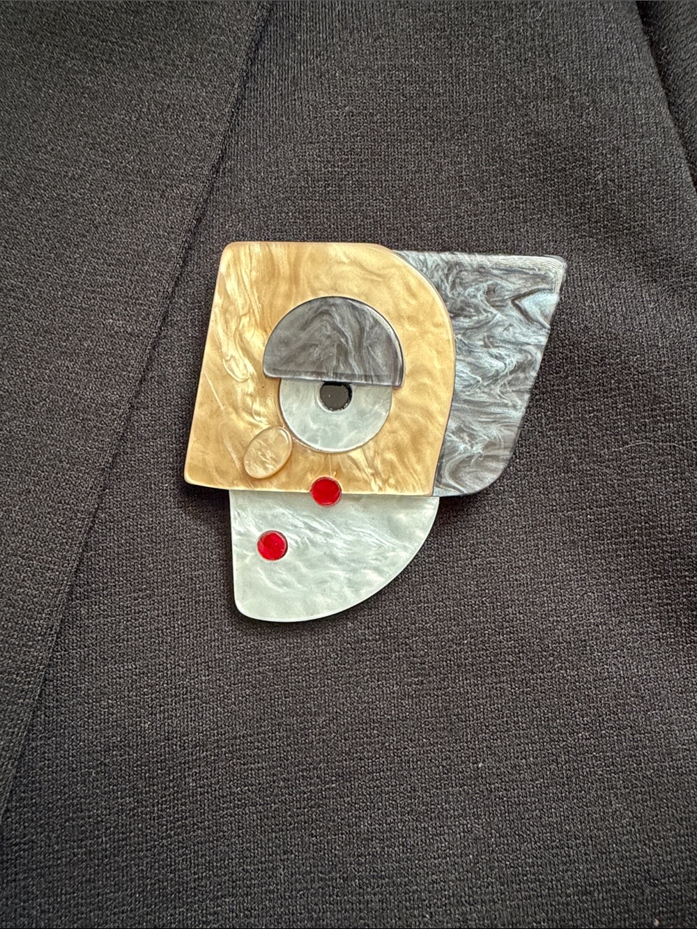 Geometric Acrylic Face Brooch in Black, Gold & Silver with Red Accents